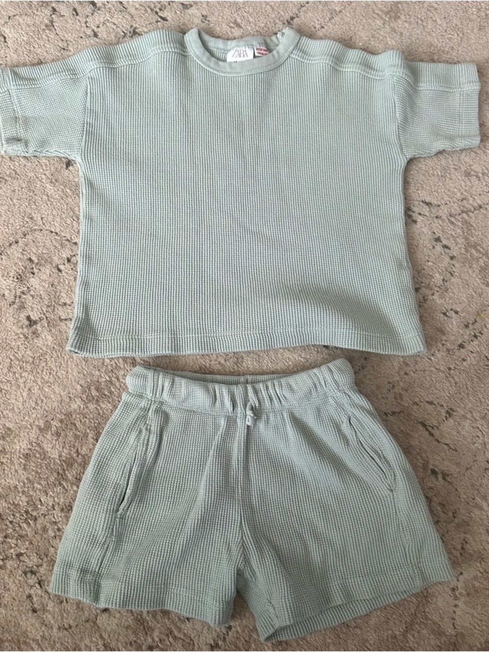 Zara Kids Sage Waffle Knit Matching Top & Shorts Set